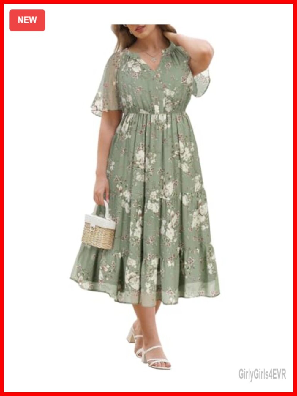 Plus Size Chiffon Floral Midi Dress V Neck Ruffle Sleeve A-Line Wedding Guest